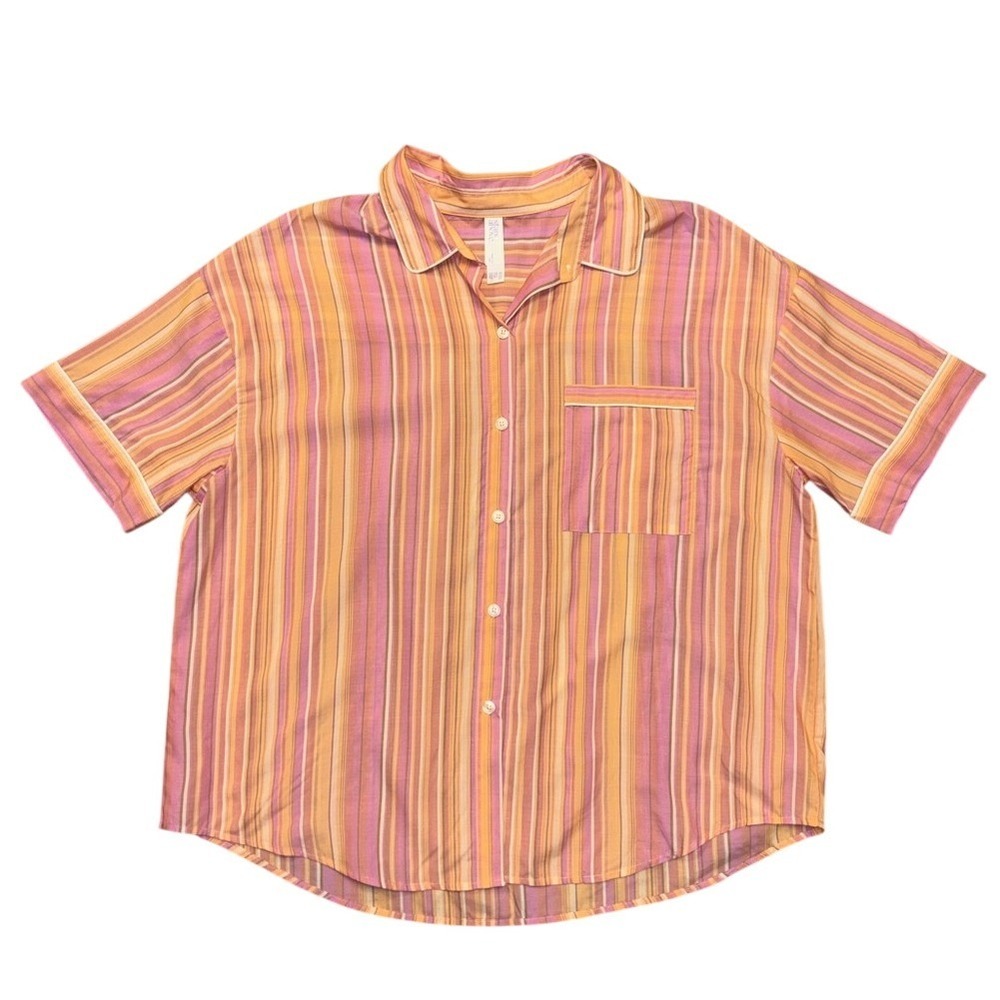 stars above Pink and Orange Striped Collar Button-Down Top XXL preppy Lyocell